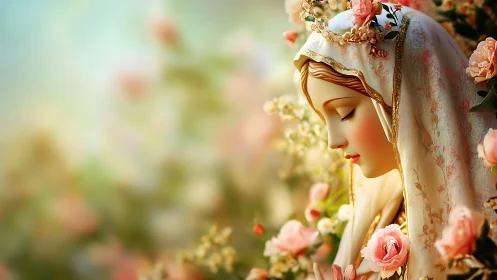 Serene veiled woman rendered in soft floral digital portrait