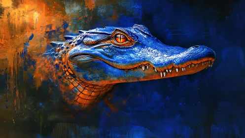 Vivid blue crocodile head against bold orange blue backdrop.