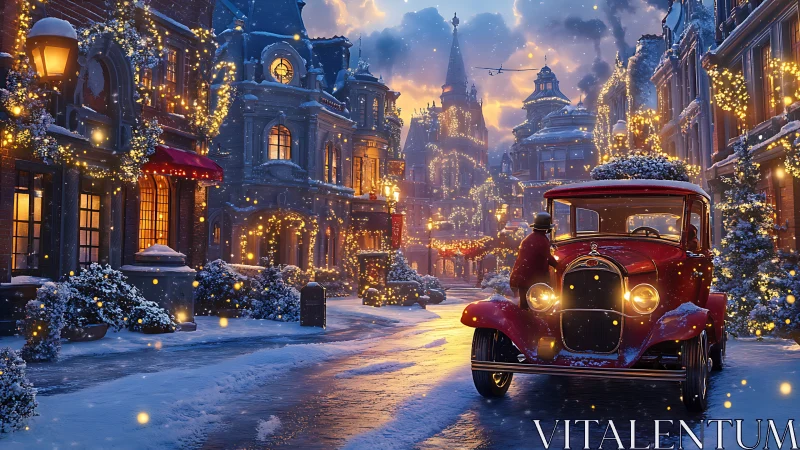 Vintage red car parked on snowy, illuminated city street