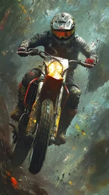 Mud-splattered motocross rider charging through storm light.