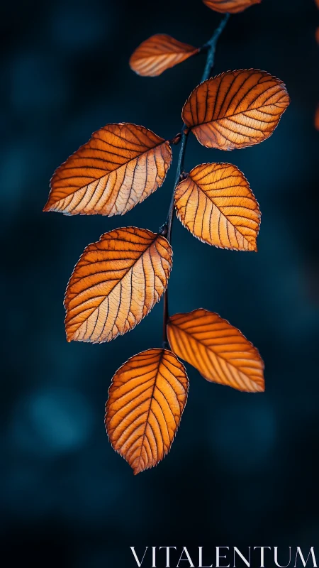 Orange autumn leaves against deep blue blurred background.