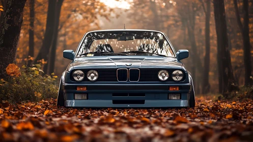 Classic blue BMW E30 convertible stands in dense autumn forest