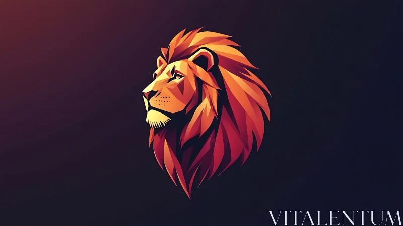 Geometric lion gazes into dusk, carved from ember light