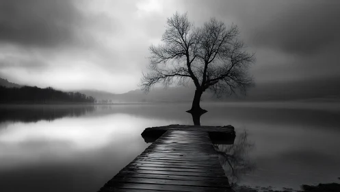 Solitary lakeside tree in monochrome mist with reflective pier.