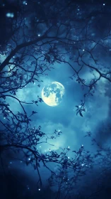 Moonlit branches whisper in a dreamy midnight sky.