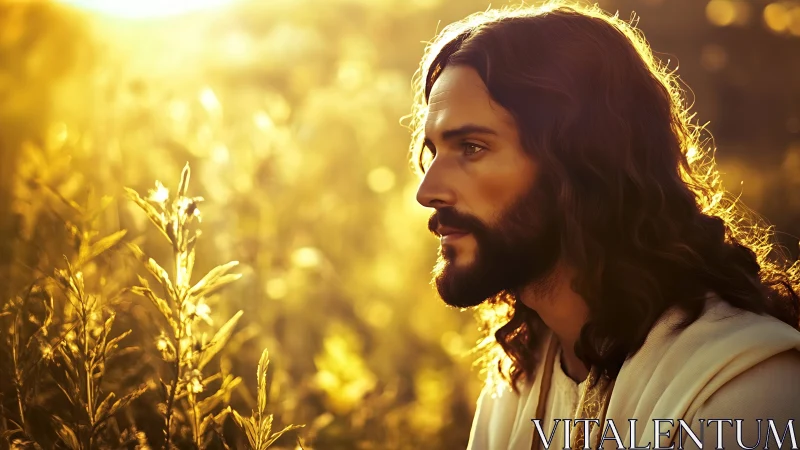 Side profile of long-haired man in warm backlit field