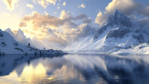 Sunlit alpine peaks mirrored in tranquil icy lake panorama.