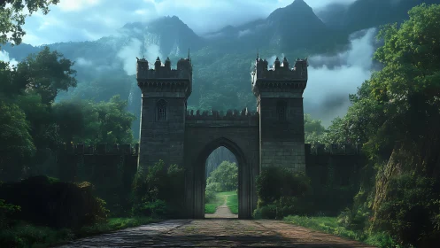 Misty mountain gatehouse stands guard over a hidden valley