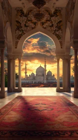 Sunset-lit Islamic courtyard frames distant domed mosque