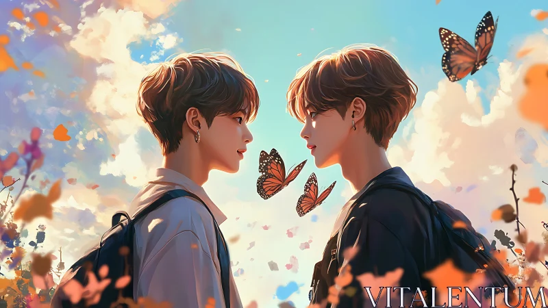 Digital portrait of twin teens facing amid drifting butterflies