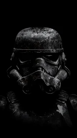 Battleworn sci fi helmet stares out from the galactic dark