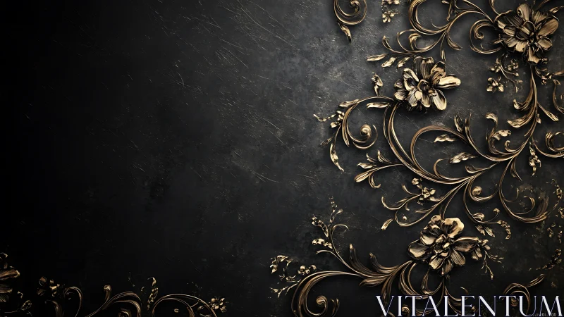 Dark textured wall with ornate metallic floral scrollwork.
