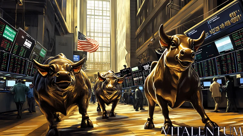 Golden bull statues dominating busy stock exchange floor.