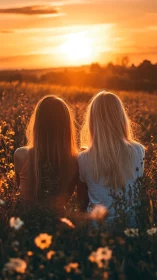 Backlit friends watching golden sunset over wildflower field.