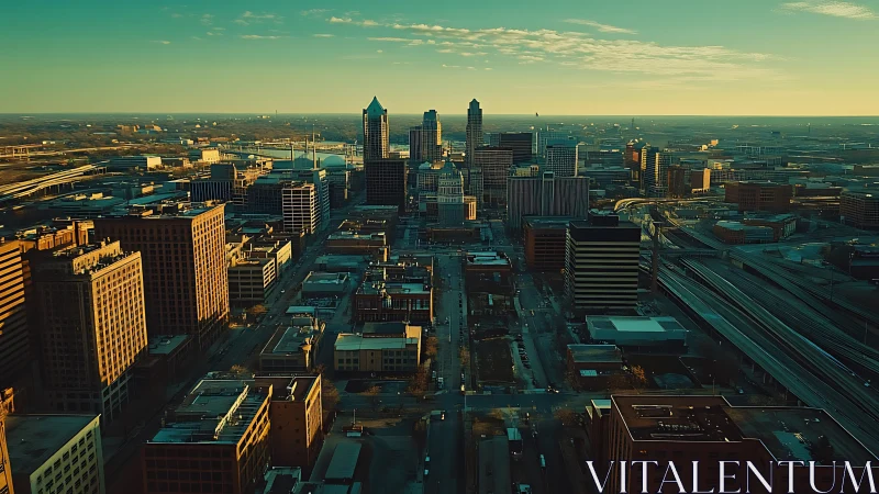 Golden hour city skyline glowing with evening calm.