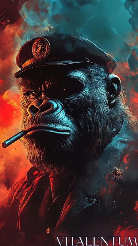 Smoldering simian commander amid blazing neon clouds.
