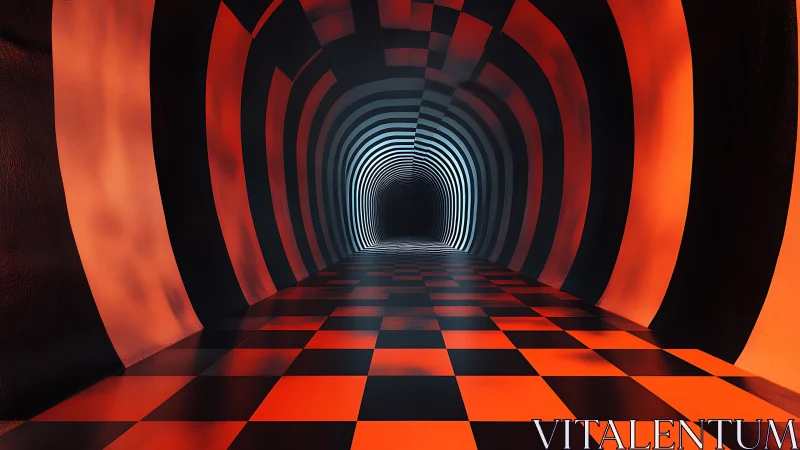 Checkered tunnel bends light into a glowing geometric vortex