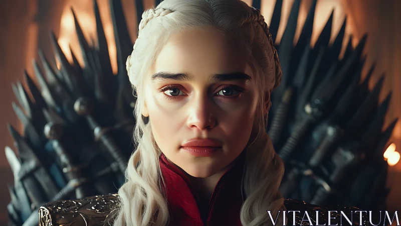 Regal platinum-haired ruler framed by spiked iron throne