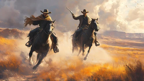 Cowboy riders charge across blazing dust-filled canyon plain.