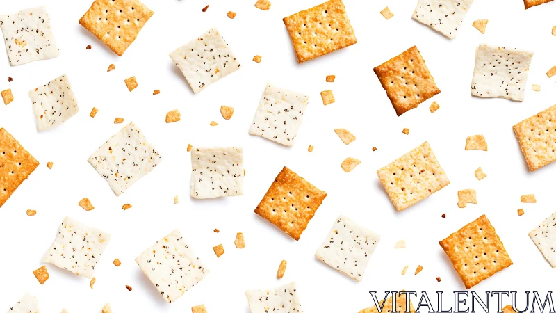 Crispy and Creamy Crackers Scattered on White.