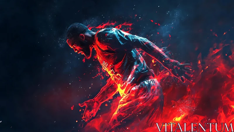 Digital artwork of basketball player emerging from flames.