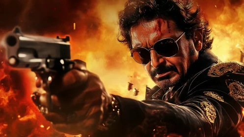 Tough gunman aims pistol amid blazing explosive firestorm.
