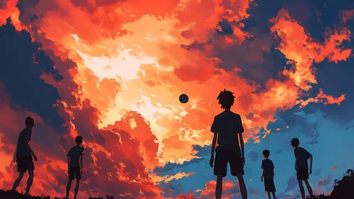 Sunset soccer silhouettes under blazing anime sky.