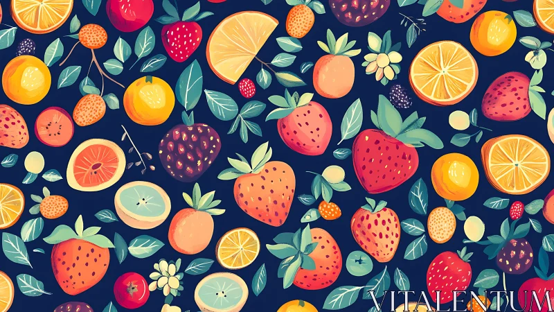 Vibrant citrus and berry pattern on deep indigo background.