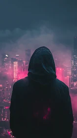 Hooded silhouette overlooking neon magenta cyberpunk skyline