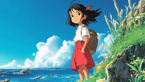 Young girl stands on coastal path overlooking bright seascape