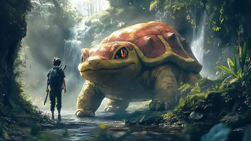 Colossal jungle turtle confronting lone explorer in misty gorge.