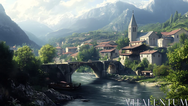 Sunlit alpine village bridge over reflective mountain river.