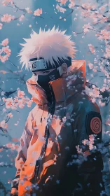 Masked ninja in orange coat stands amid soft sakura bloom.