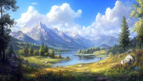 Bright alpine valley with lake under towering mountains.