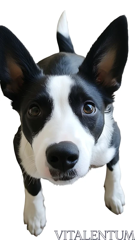 Curious black and white pup leaning in for a friendly hello.