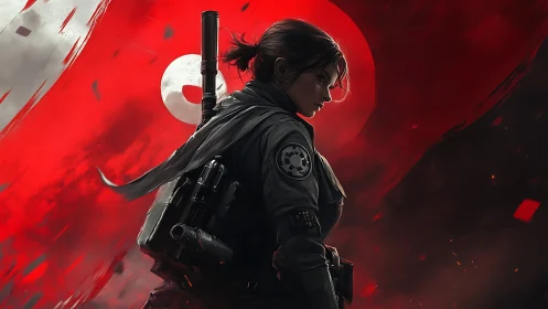 Armored sci fi soldier in profile before red eclipsed sun