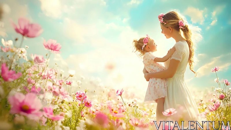 Mother and Daughter in Blooming Flower Field, Dreamy Pastel Style.