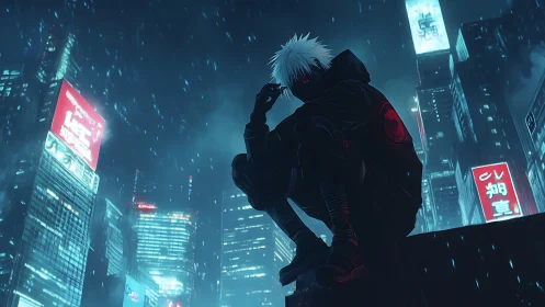 Neon-cloaked rooftop sentinel in rain-soaked cyber city night.