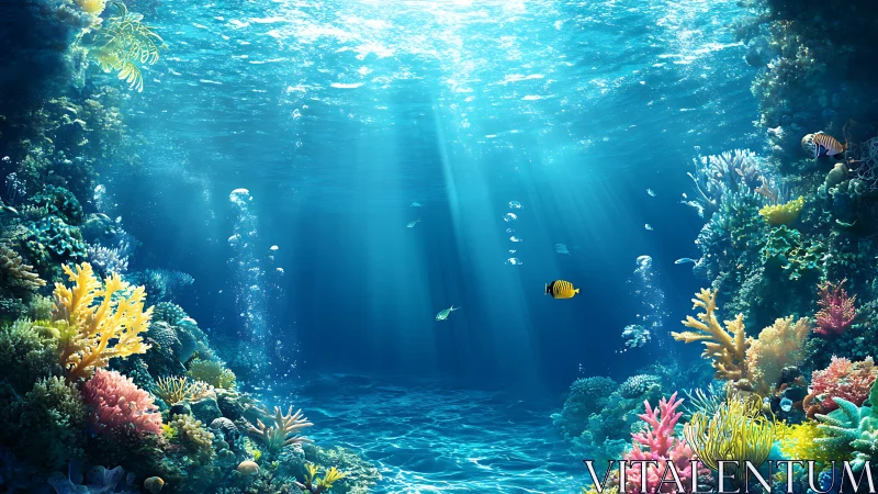 Sunlit coral reef scene with diverse marine fish species.