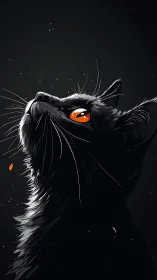 Black Cat with Glowing Orange Eyes Against Dark Background.