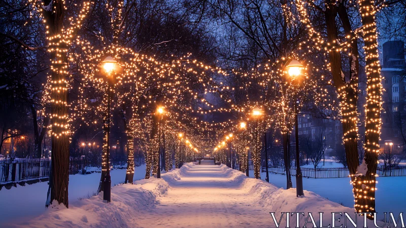 Snowlit promenade wrapped in golden winter fairy lights.