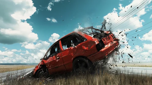 Red car collides with roadside pole and disintegrates on impact