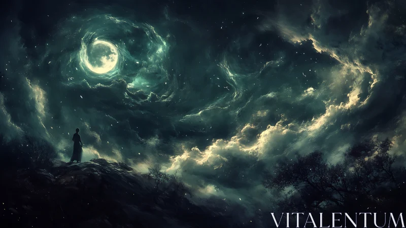 Moonlit vortex beckons a lone wanderer atop the shadowed hill