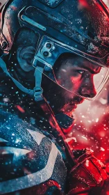 Cinematic hero portrait in icy red blue combat lighting.
