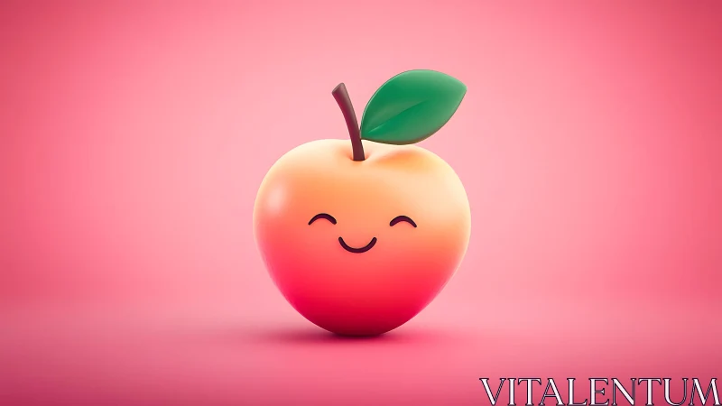 Cute smiling peach illustration in 3D cartoon style on pink background.