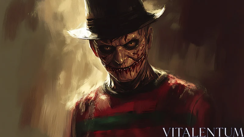 Grotesque grinning figure in striped sweater and dark hat