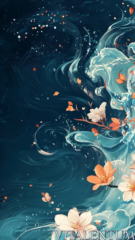 Floral petals drift through teal currents of abstract water.