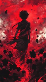 Silhouetted figure in red storm of abstract dark shapes.