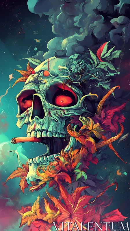 Skull blooms in neon smoke while autumn leaves riotously swirl