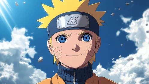 Blond anime ninja portrait under bright blue daytime sky